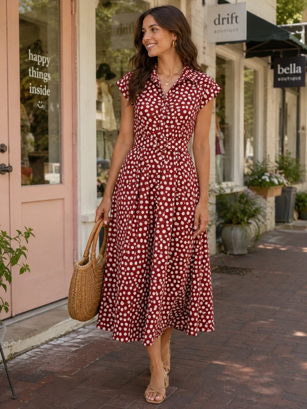 Prosperina | Ava Brick Red Polka Dot Cotton Midi Dress